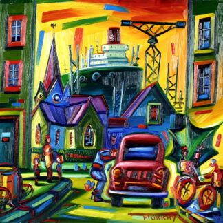 Colorful, expressionist painting depicting a vibrant street scene with houses, a car, people, and a boat, all with exaggerated features and bold brushstrokes. By Raymond Murray